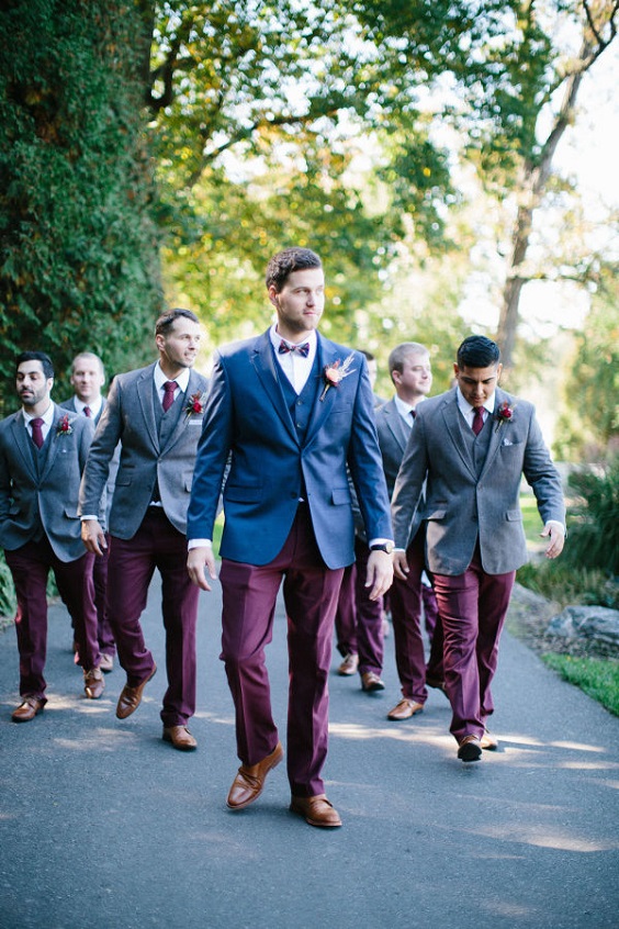 burgundy trousers and boutonniere for burgundy rustic elegant wedding