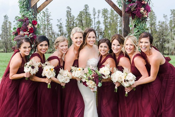 burgundy bridesmaid dresses and white bridal gown for burgundy white rustic elegant wedding