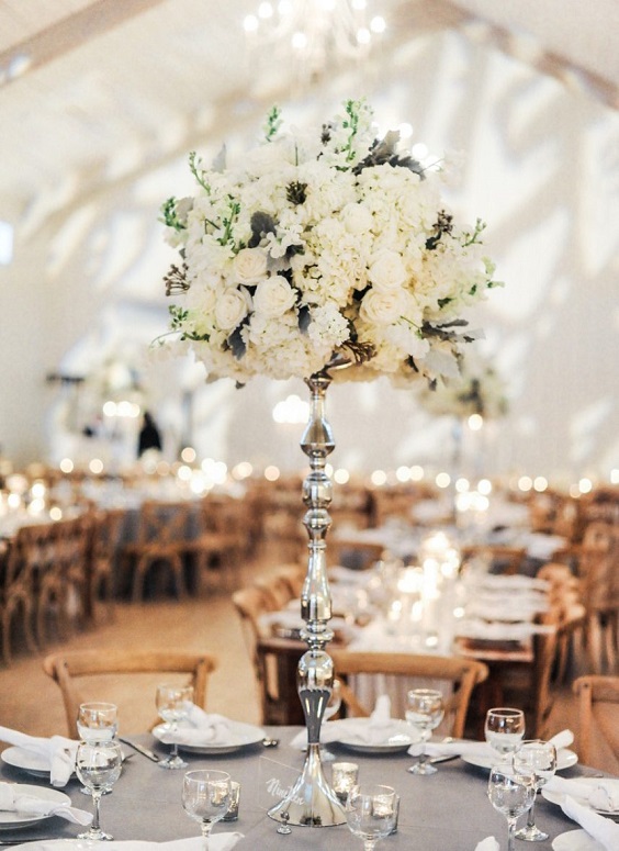 white and green centerpiece for white barn wedding colors white and sage green