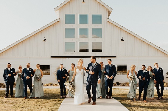 white bridal gown sage green dresses and navy mens suits for white barn wedding colors white and sage green
