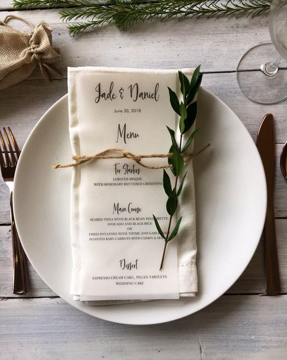 white plate and menu for white barn wedding colors white and sage green