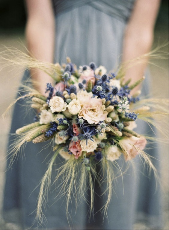 slate blue dress with blue and blush bouquet for white barn wedding colors white slate blue and blush