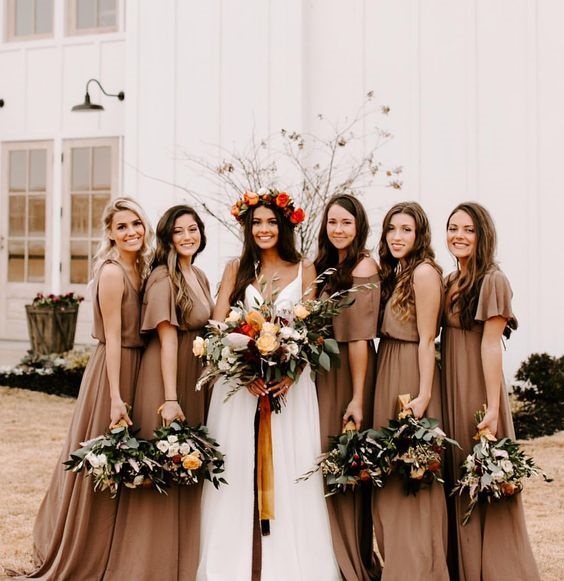 white bridal gown and dusty orange bridesmaid dresses for white barn wedding colors dusty orange and white