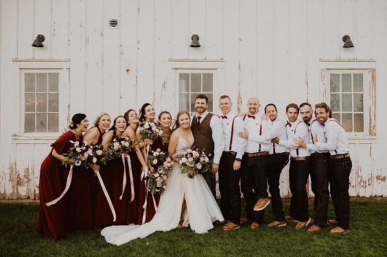 white bridal gown and maroon bridesmaid dresses for white barn wedding colors white and maroon