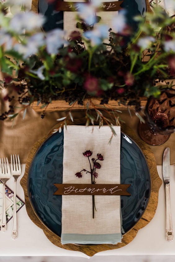 copper table runner and navy plate for white barn wedding colors navy white and copper