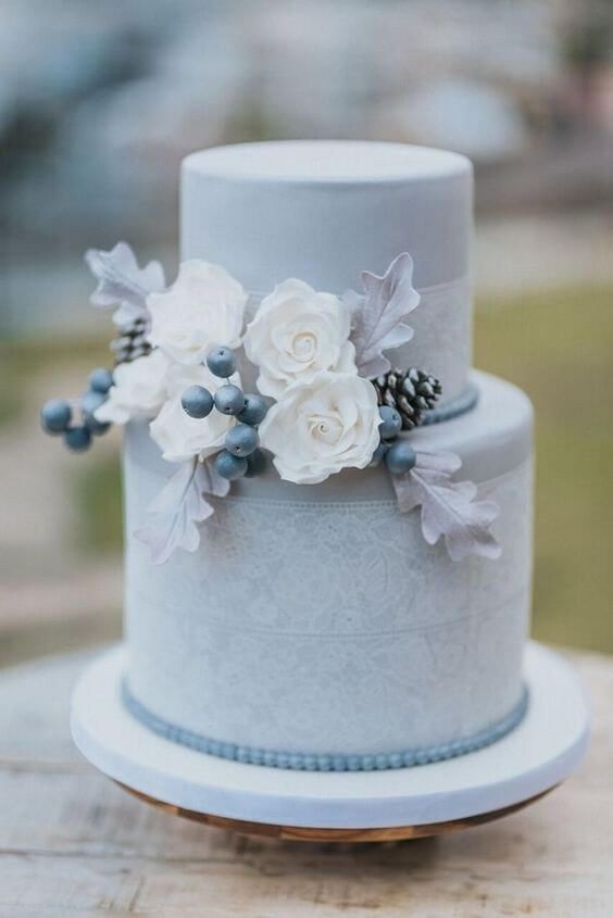 dusty blue wedding cake and cake topper for dusty blue outdoot winter wedding