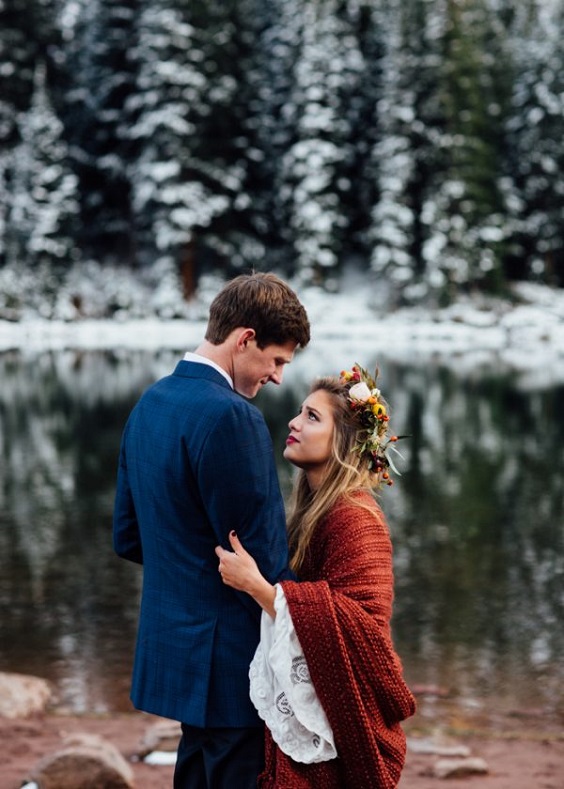 bridal gown and grooms attire for navy blue maroon white outdoor winter wedding