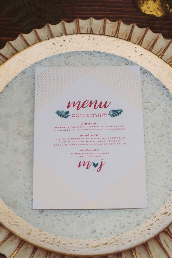white red wedding menu and gold dinner plate for white gold outdoor winter wedding