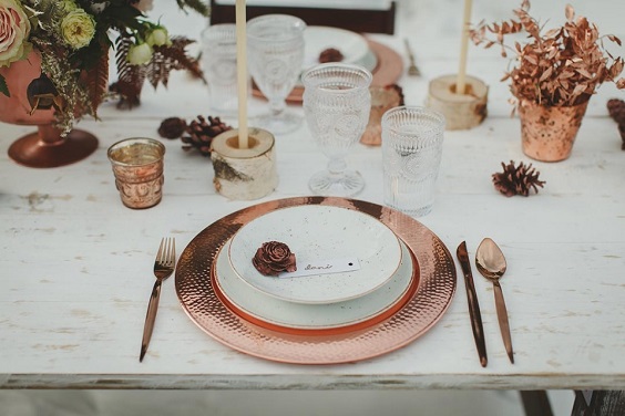 rose gold dinner plate white candle for rose gold white outdoor winter wedding