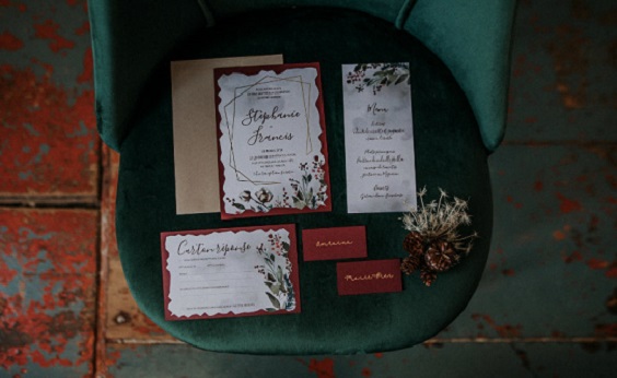 rust wedding invitations and hunter green chairs for rust hunter green outdoor winter wedding