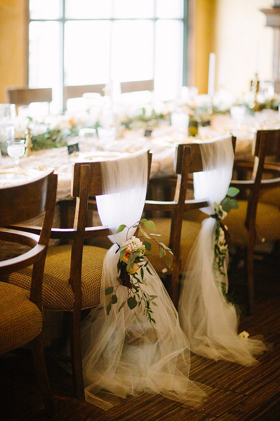 custom bride and white groom chair sashes for white outdoor winter wedding
