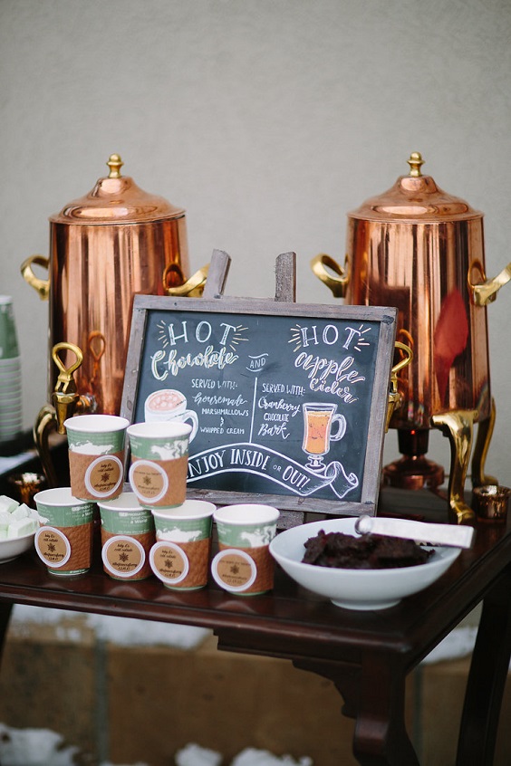 hot chocolater and ciderbar for rose gold outdoor winter wedding