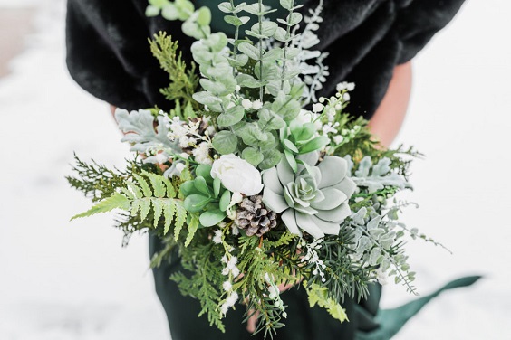 green bouquets for winter wonderland wedding color emerald green and black