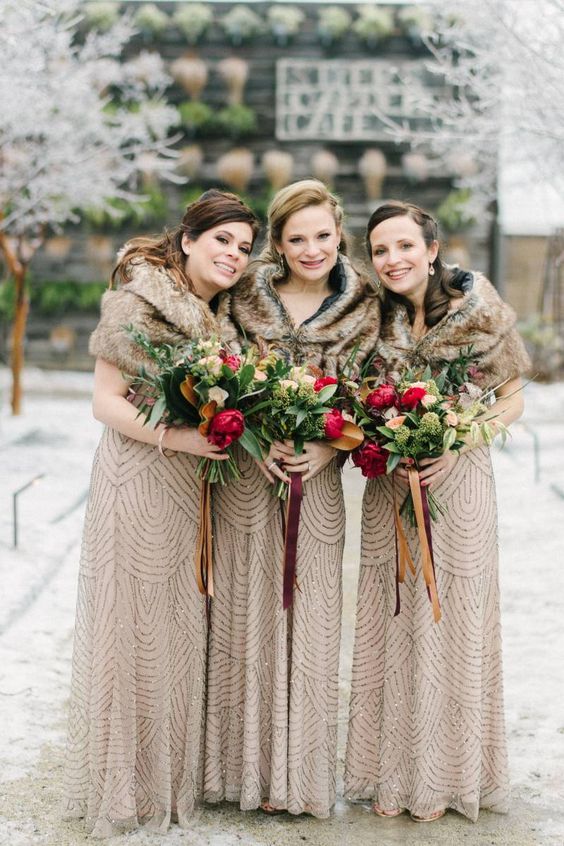 brown bridesmaid dresses with shawls for winter wonderland wedding color gold and brown