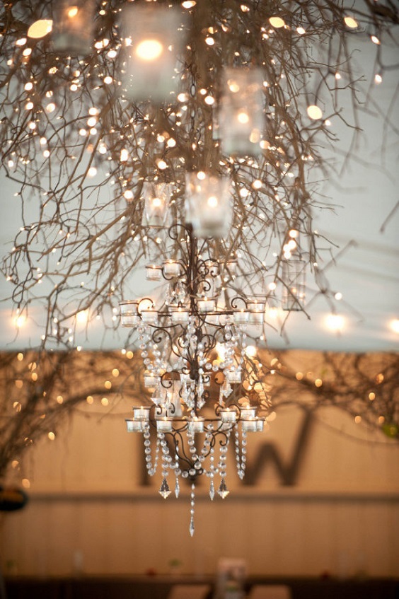 gold tree branch chandelier wedding decor for winter wonderland wedding color gold and brown