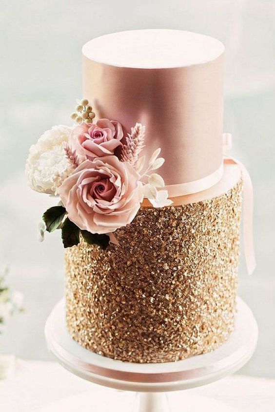 rose gold and gold wedding cake for winter wonderland wedding color rose gold and gold