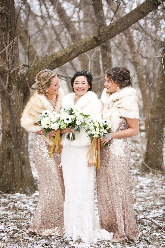 rose gold bridesmaid dresses and white bridal gown for winter wonderland wedding color rose gold and gold