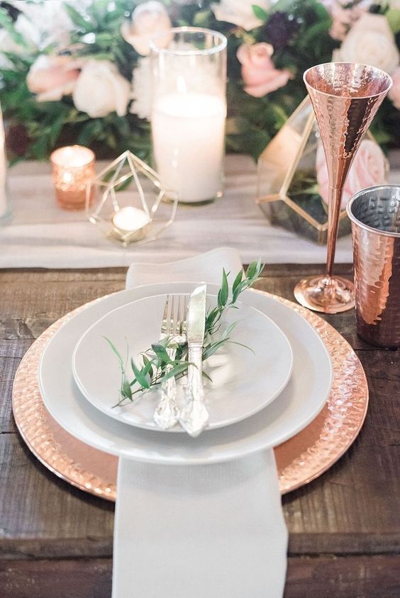 rose gold wedding tablescape for winter wonderland wedding color rose gold and gold