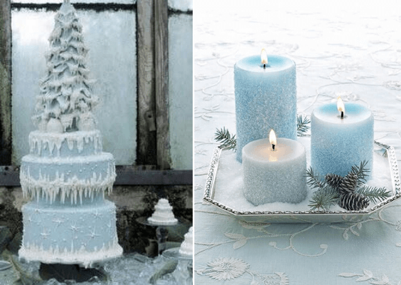 ice blue christmas tree wedding cake and ice blue candle wedding table décor for winter wonderland wedding color ice blue and dusty blue