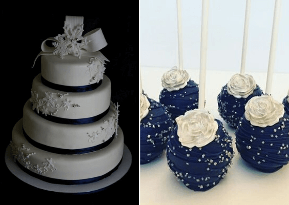 navy blue and white wedding cake and cupcake for winter wonderland wedding color navy blue and grey