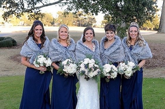navy blue bridesmaid dresses with grey fur shawl for winter wonderland wedding color navy blue and grey