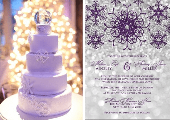 lavender wedding cake with snowflake décor and purple wedding invites for winter wonderland wedding color purple and lavender