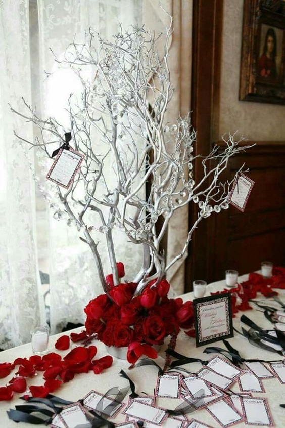 red and silver tree braches wedding tablescape for winter wonderland wedding color red and navy