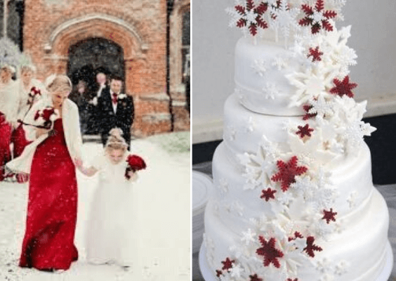 red bridesmaid dresses white wedding cake with red and white snowflakes for winter wonderland wedding color red and navy