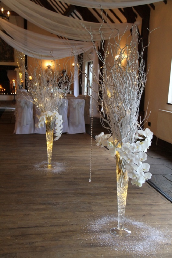 silver tree braches wedding decoration for winter wonderland wedding color grey and silver