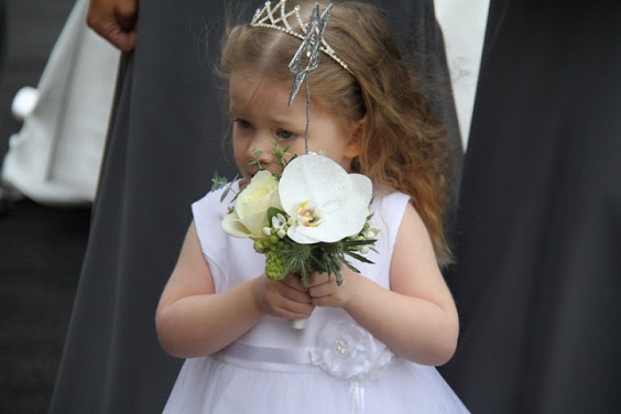 white flower girl dress grey hair for winter wonderland wedding color grey and silver