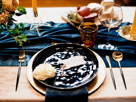 blue table napkin plate yellow water glass for spring blue and yellow wedding