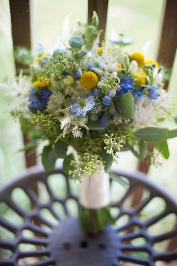 blue and yellow bouquets for rustic blue and yellow wedding