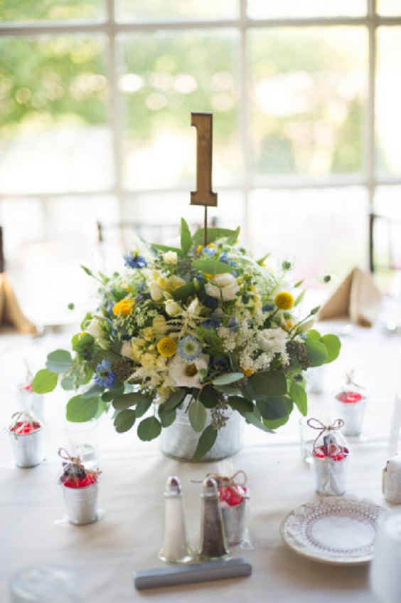 blue and yellow table numbers for rustic blue and yellow wedding