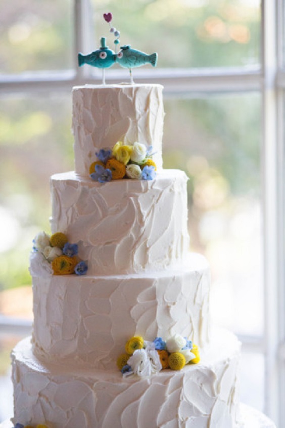 blue and yellow wedding cake for rustic blue and yellow wedding