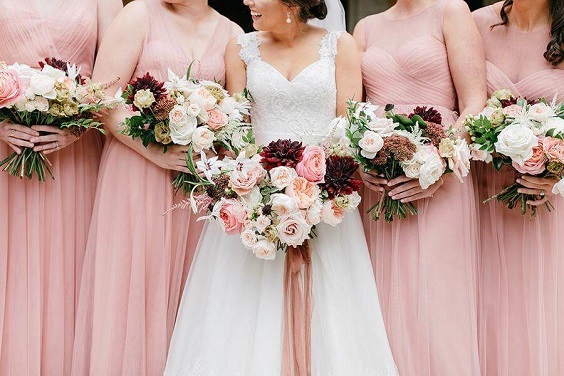 dusty rose bridemaid dresses with burgundy bouquets for dusty rose and burgundy vintage rose wedding