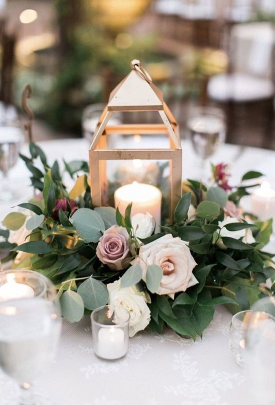 greenery wedding centerpieces with candles for dusty rose and greenery vintage rose wedding