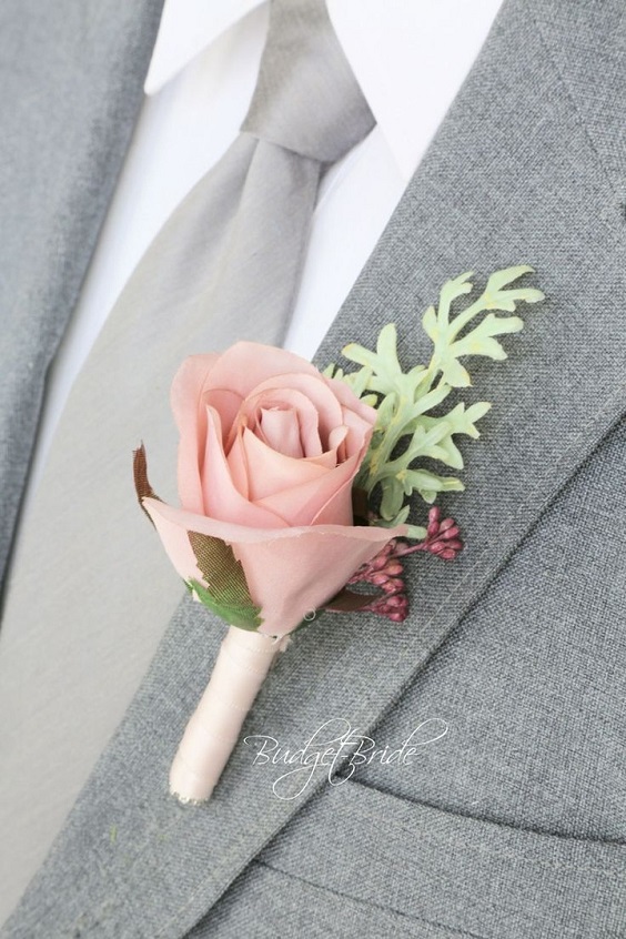 grey groomsmen attire with dusty rose boutonniere for grey and dusty rose vintage rose wedding