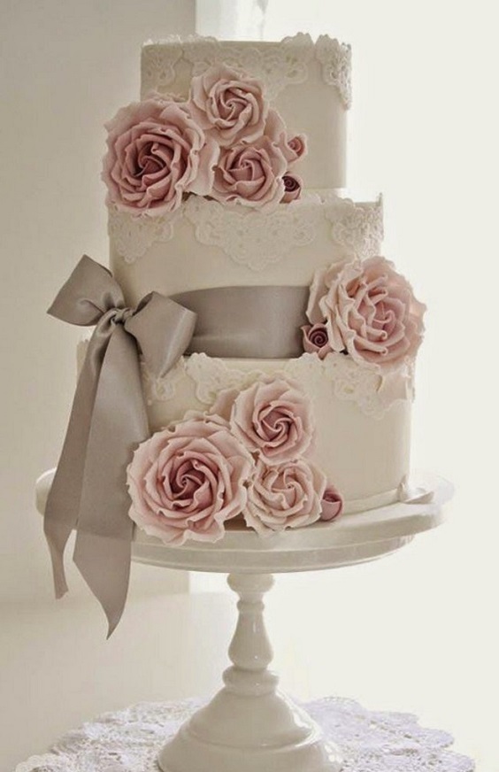 wedding cake with grey ribbon and dusty rose flowers for grey and dusty rose vintage rose wedding