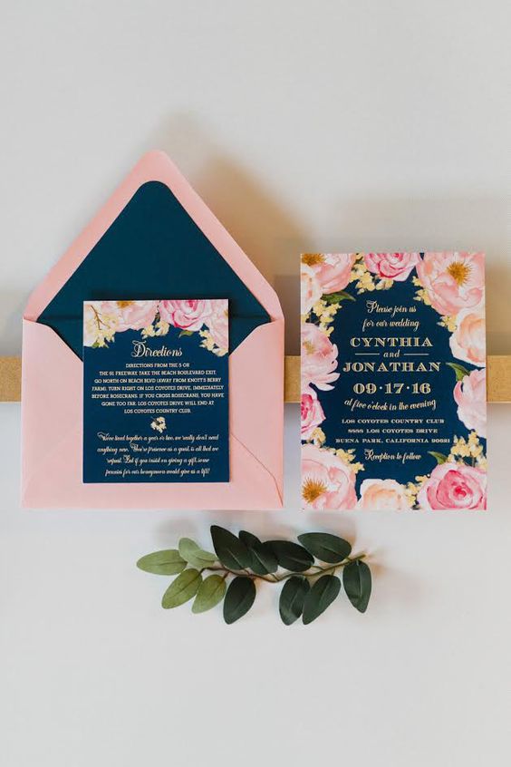 navy blue and rose wedding invitation for navy blue and rose gold vintage rose wedding