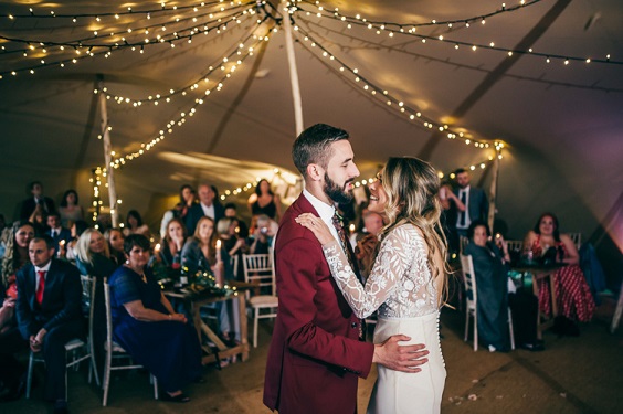 tent wedding bride and groom dancing for white burgundy rose gold and burgundy wedding