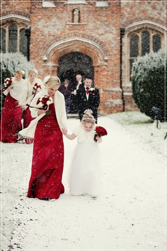 red bridesmaid dresses and white flower girl for black red and white wedding