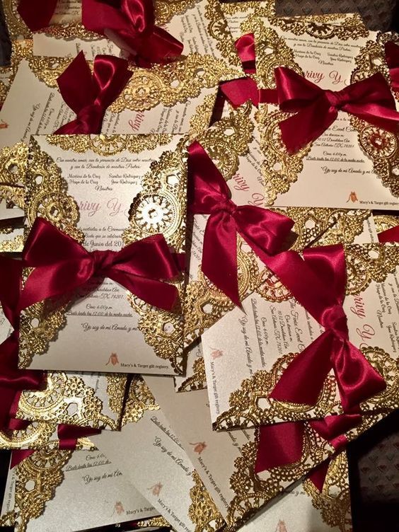 gold and white wedding invitations with red ribbons for gold red and white wedding