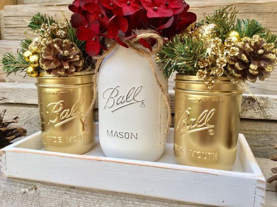 white and gold wedding table mason jar centerpieces with red flowers for gold red and white wedding