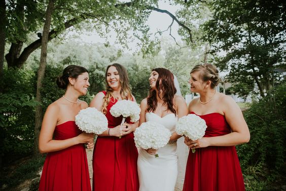 red bridesmaid dresses with white wedding bouquets for simple red and white wedding