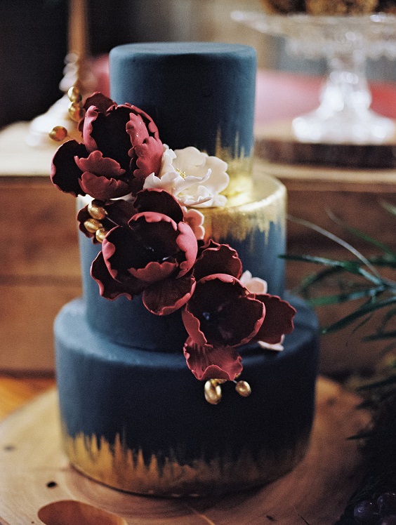 navy and gold wedding cake with maroon flowers for maroon and navy wedding colors maroon navy and gold