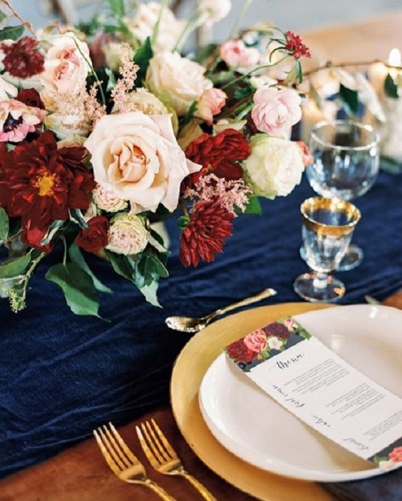 navy table runner and gilded tableware for maroon and navy wedding colors maroon navy and gold