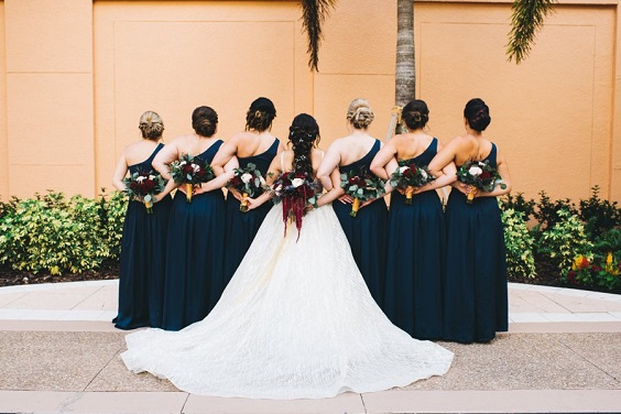 white bridal gown and navy bridesmaid dresses for maroon and navy wedding colors maroon navy and gold
