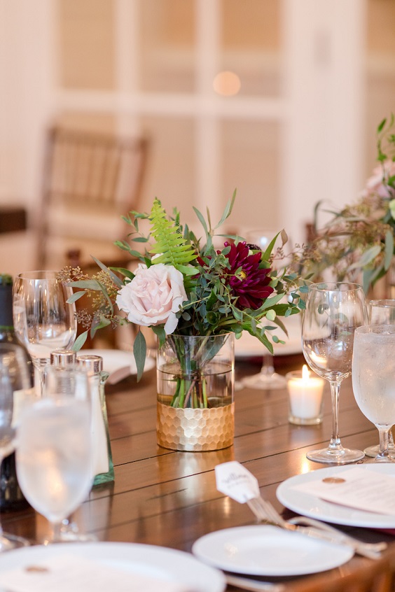 burgundy and blush flower decorated wedding tablescape for burgundy and navy wedding color burgundy navy and blush