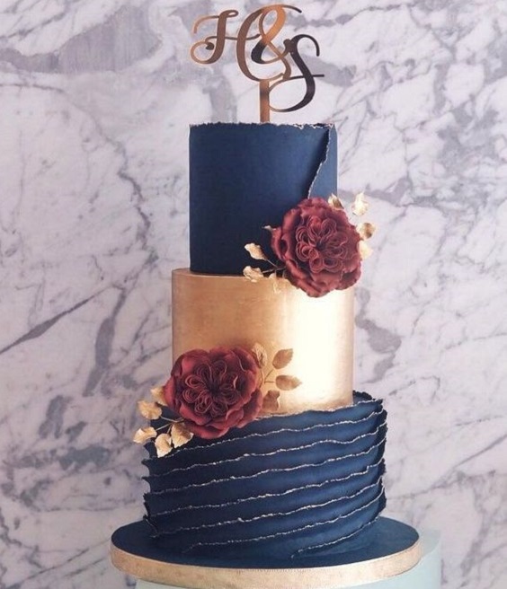 navy and rose gold wedding cake with burgundy flowers for burgundy and navy wedding color burgundy navy and rose gold