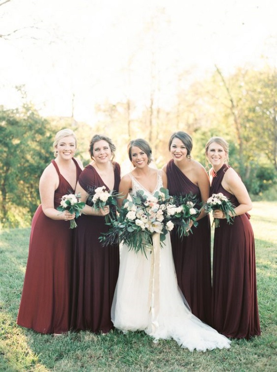 burgundy bridesmaid dresses white bridal gown for burgundy and navy wedding color fall